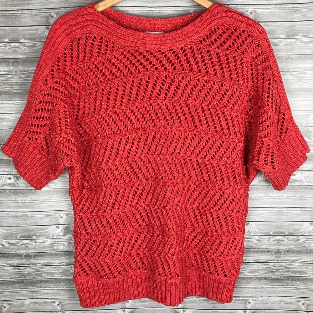 Chico’s size 3 open knit coral short sleeve pullover sweater top